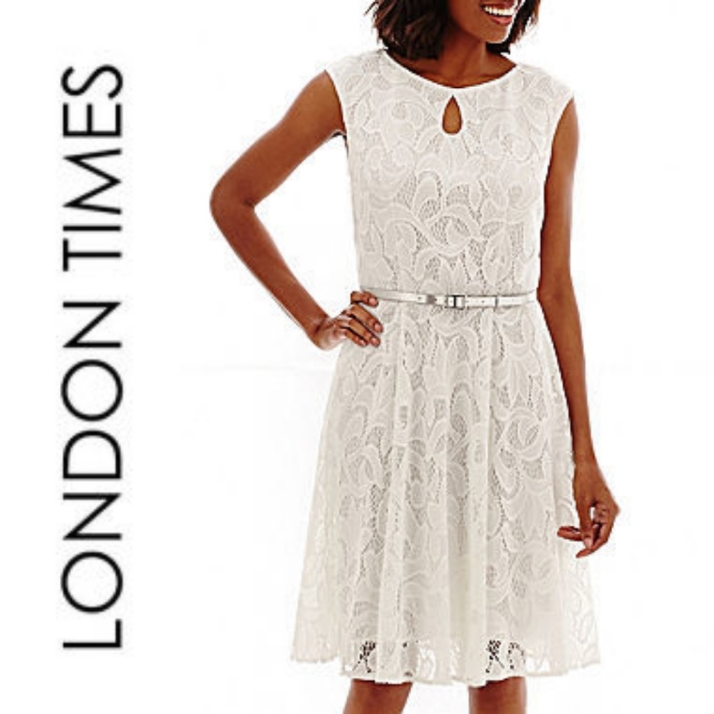London Times White Lace Belted Dress